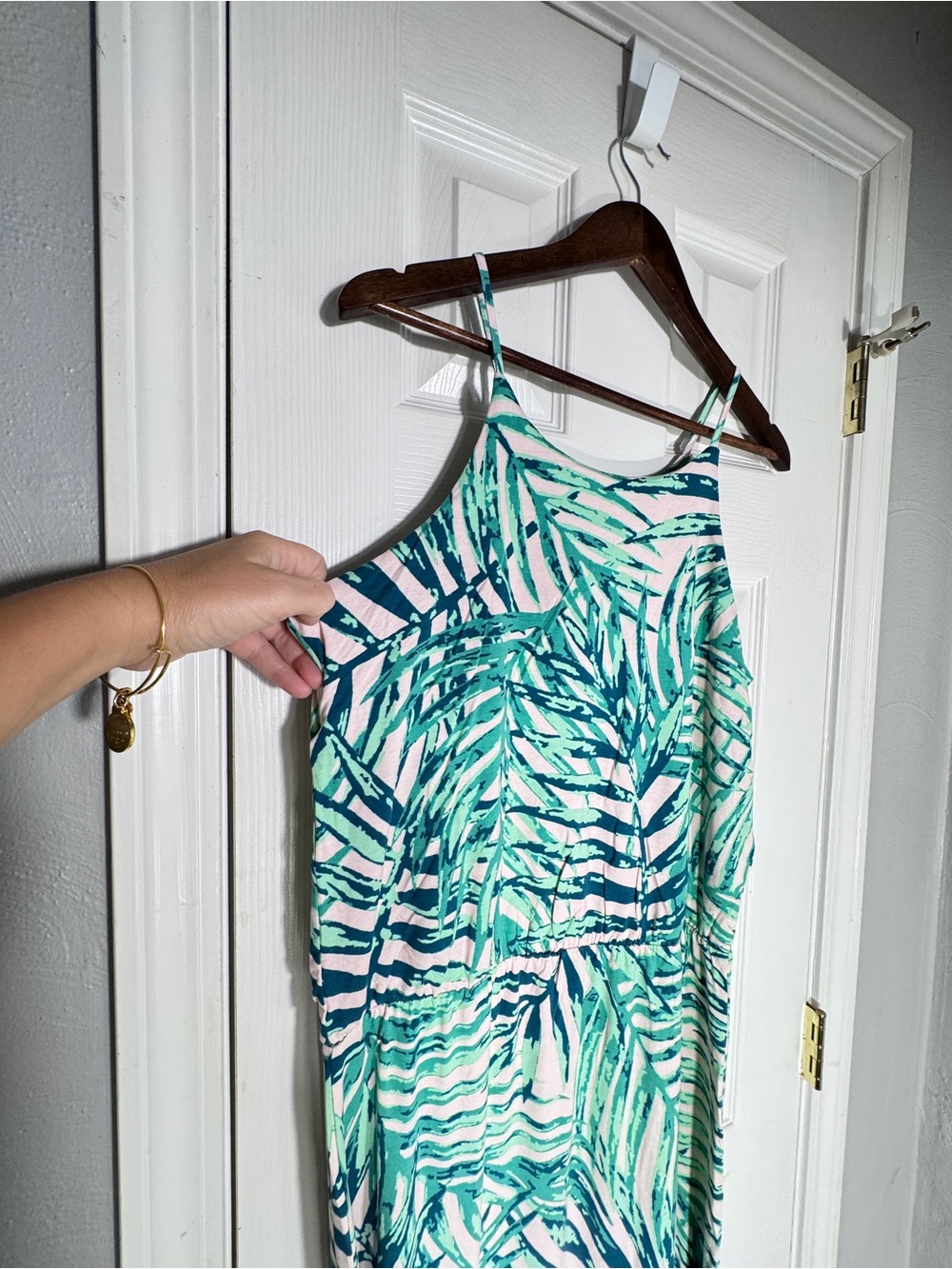 Serra Maxi Large Tropical Palm Leaf Maxi Dress Green Pink Stretch Rayon Spandex